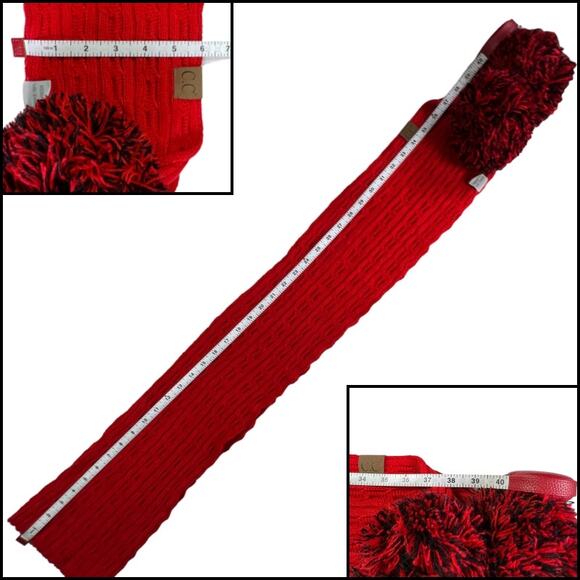 C.C. Exclusives Cozy Cable Knit Pom Pom Scarf Red Black - Picture 12 of 12